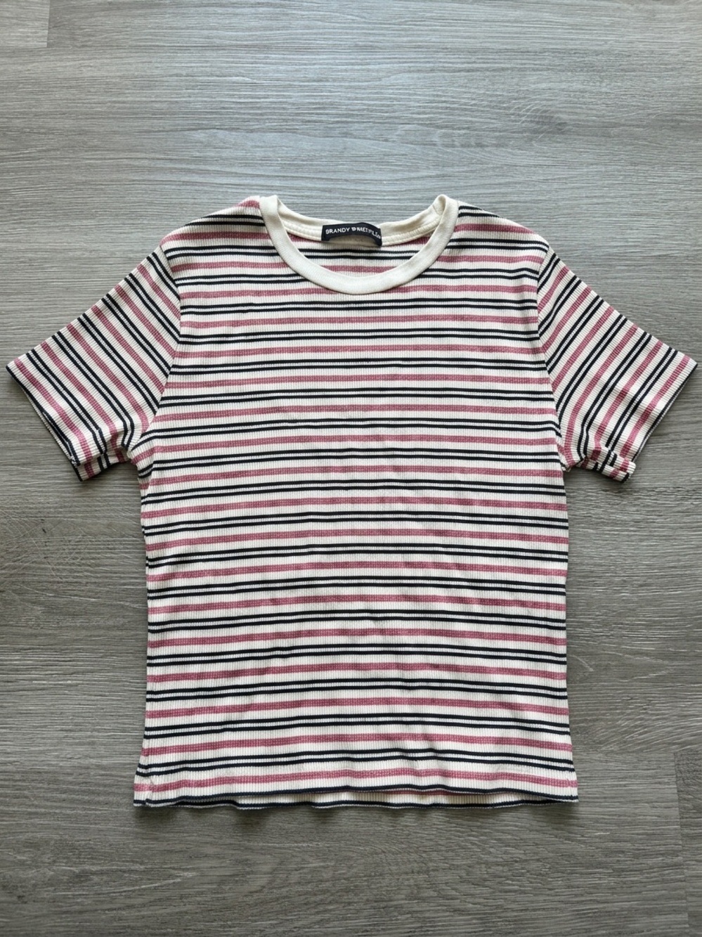 Brandy Melville Striped Ribbed Tee in White, Pink & Black - OS
